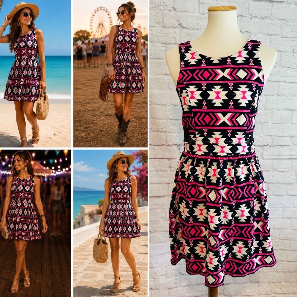 Monteau Black, Pink & Black Geometric Fit-and-Flare Dress Sz L